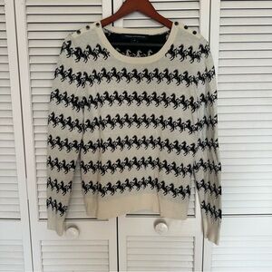 French Connection Horse Print Crewneck Sweater Button Shoulder Equestrian